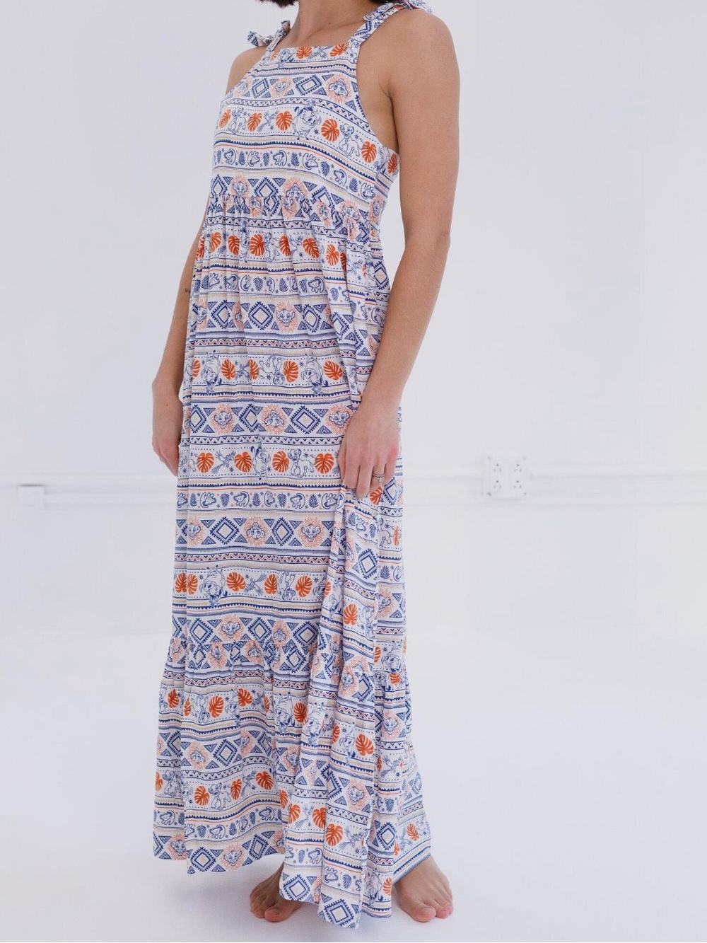 Disney’s The Lion King Women's Blue and Orange Simba & Timon Printed Maxi Dress